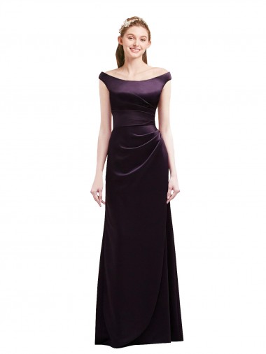 Off The Shoulder Long Satin Bridesmaid Dress with Asymmetrical Pleated Bodice Australia
