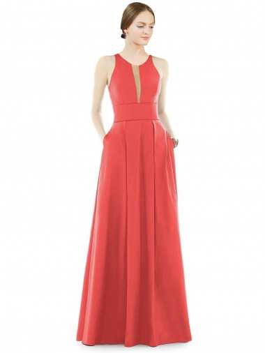Sheer V-Neck Tulle Illusion Long Satin Bridesmaid Dress Australia