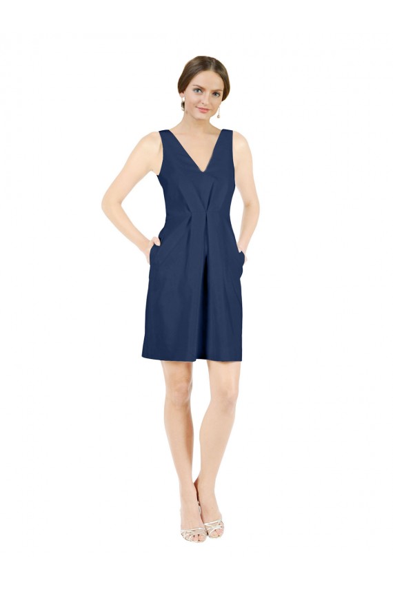 Deep V-Neck Short Knee Length Satin Cocktail Bridesmaid Dress with Slimming Pleats Australia