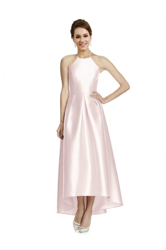 Long High-Low Halter Satin Bridesmaid Dress with Criss-Cross Back Australia