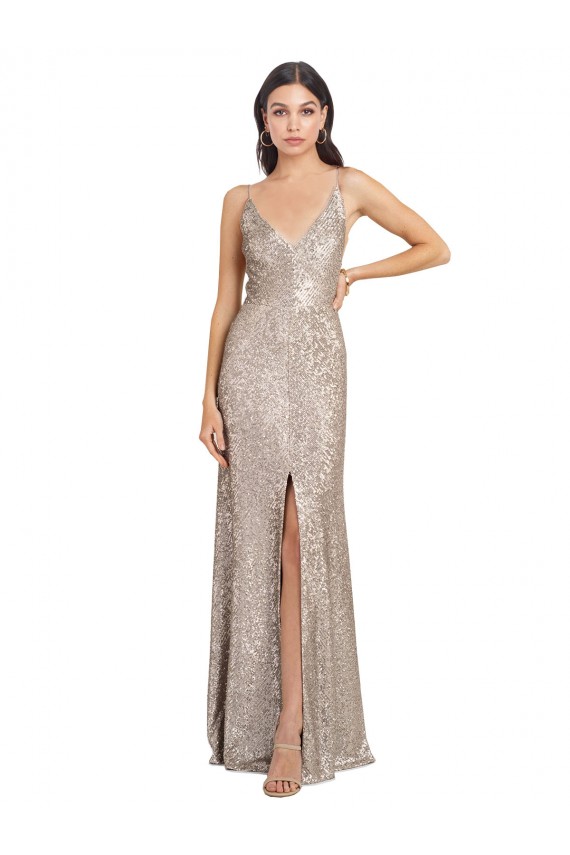 V-Neck Fully Sequin Formal Bridesmaid Dress / Prom Dress with V-Back and Front Slit Australia