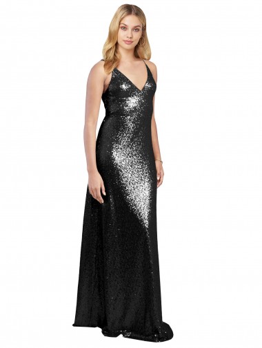 Full Length A-Line Formal Sequin Bridesmaid Dress / Prom Dress with Spaghetti Straps V-Neckline Australia
