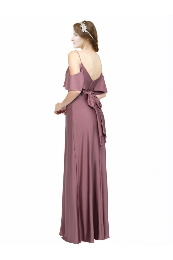 Draped Cold Shoulder Sleeves Long Formal Silky Satin Bridesmaid Dress / Prom Dress with Slit and Tie Back Australia