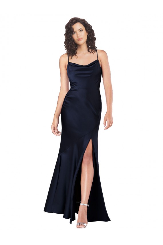 Draped Cowl Neck Formal Silky Satin Bridesmaid Dress / Prom Dress with Skirt Slit Australia