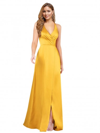 Halter A-Line Formal Silky Satin Bridesmaid Dress / Prom Dress with V-Neckline and Slit Australia