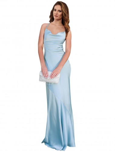 Open Back with Ties Cowl Neck Sheath Formal Silky Satin Long Bridessmaid Dress Australia