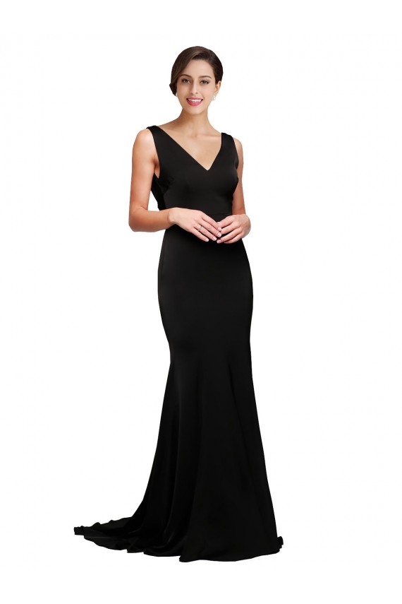 V-Neck Full Length Formal Silky Satin Bridesmaid Dress / Prom Dress with Soft Cowl Neck and Sweep Train Australia