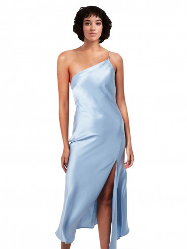 Midi Length Short Formal Silky Satin Bridesmaid Dress / Cocktail Prom Dress with Asymmetric Neckline and High Side Split Australia