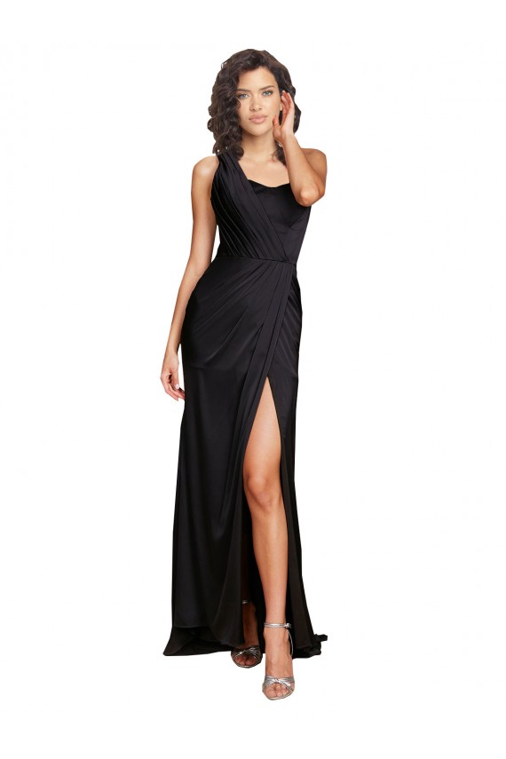 Full Length One Shoulder Ruffled Long Formal Silky Satin Bridesmaid Dress / Prom Dress with High Slit Australia