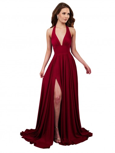 A-Line Halter Plunge V-Neckline Open Back Formal Spandex Bridesmaid Dress / Prom Dress with Slit Australia