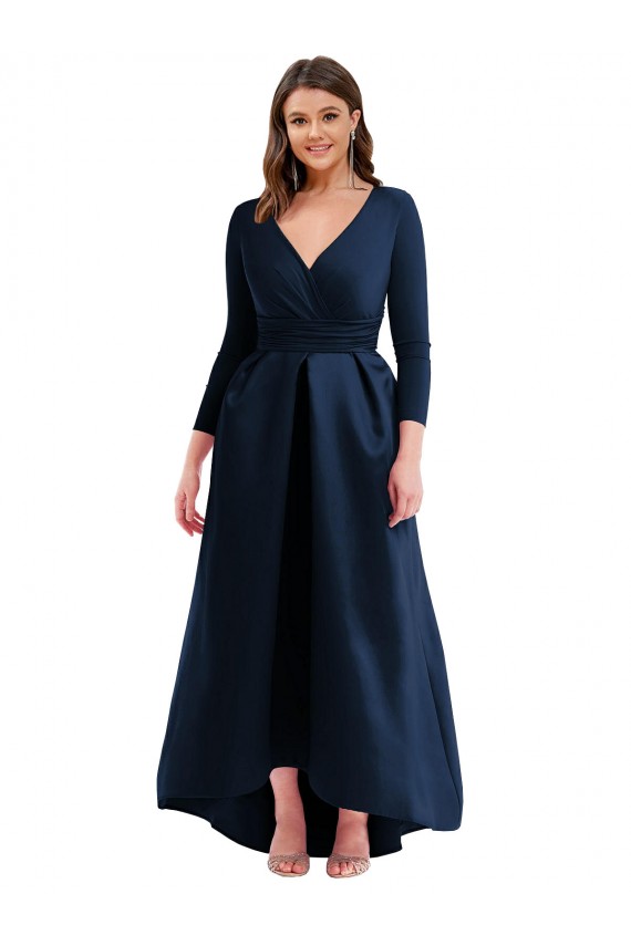 Long Sleeves Wrapped Formal Spandex Bridesmaid Dress / Prom Dress with High Low Full Skirt and Pockets Australia
