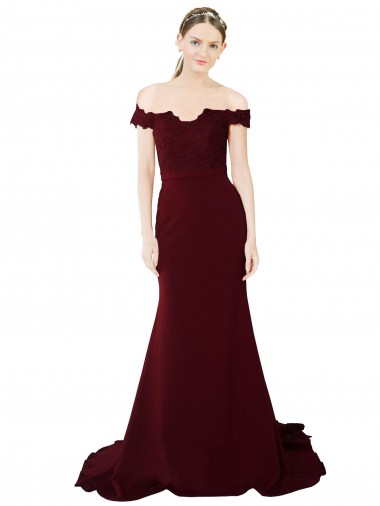 Full Length Off the Shoulder Formal Crepe Bridesmaid Dress / Prom Dress with Lace On Bodice and Back Australia