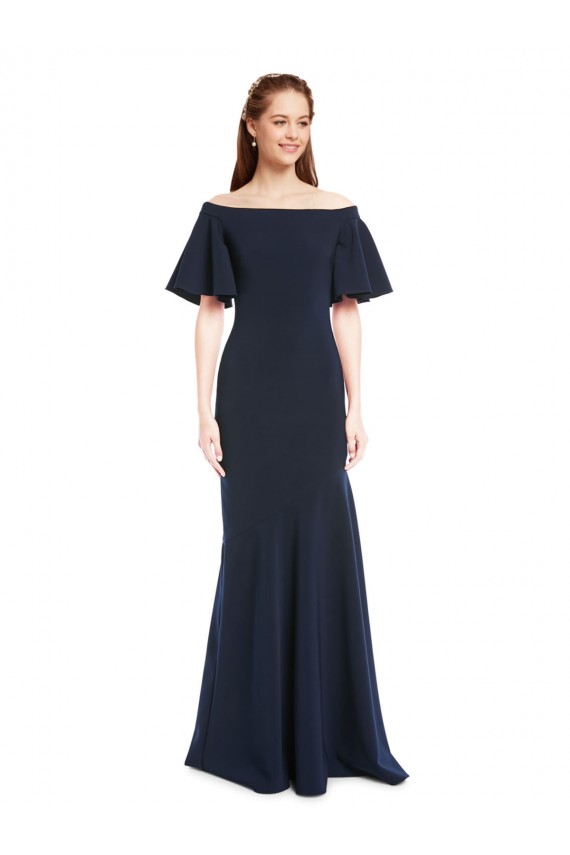 Off the Shoulder Formal Crepe Bridesmaid Dress / Prom Dress with Short Ruffle Sleeves. Australia