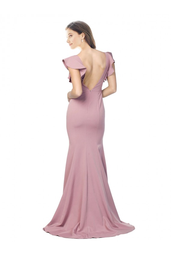 Flutter Sleeves Low V-Back High Round Neck Formal Crepe Bridesmaid Dress / Prom Dress Australia