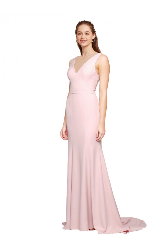Deep V-Neckline and Back Long Sweep Train Crepe Bridesmaid Dress / Prom Dress with Shoulder Straps Australia