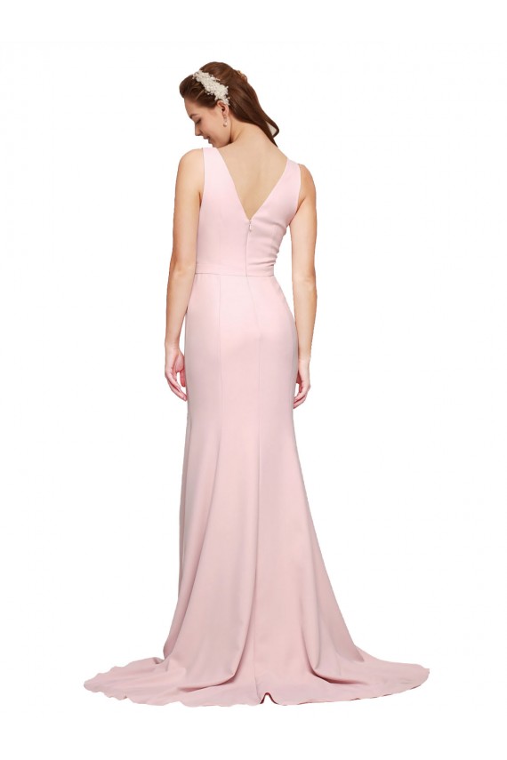 Deep V-Neckline and Back Long Sweep Train Crepe Bridesmaid Dress / Prom Dress with Shoulder Straps Australia