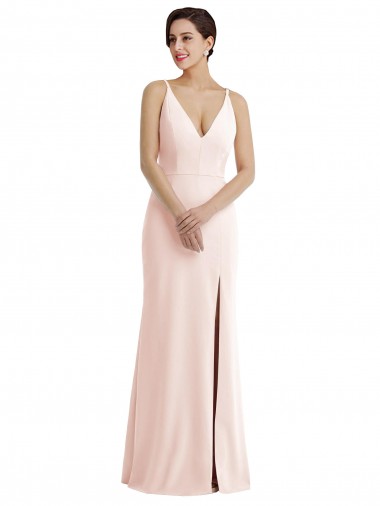 Skinny Strap Deep V-Neck Trumpet Formal Crepe Bridesmaid Dress / Prom Dress with Front Slit Australia