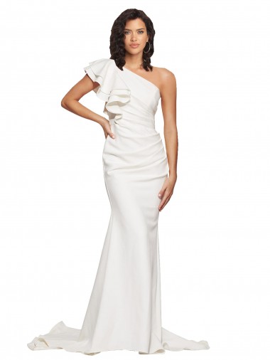 Ruched Long Sweep Train Crepe Bridesmaid Dress / Prom Dress with Shoulder Ruffles Australia