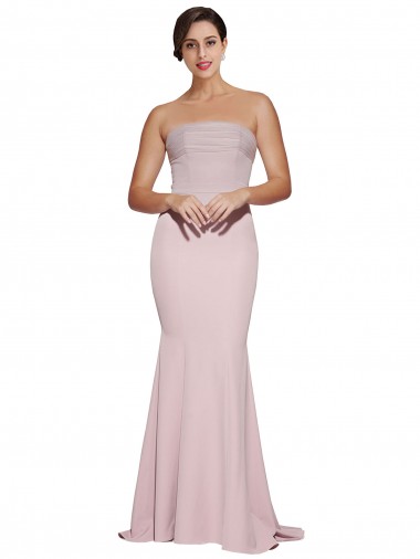 Straight Neck Long Strapless Formal Crepe Bridesmaid Dress / Prom Dress with Soft Tulle Overlay and Small Train Australia