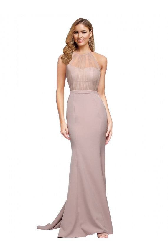 Long Sweetheart Formal Crepe Bridesmaid Dress / Prom Dress with High Neck Illusion Tulle Details Australia