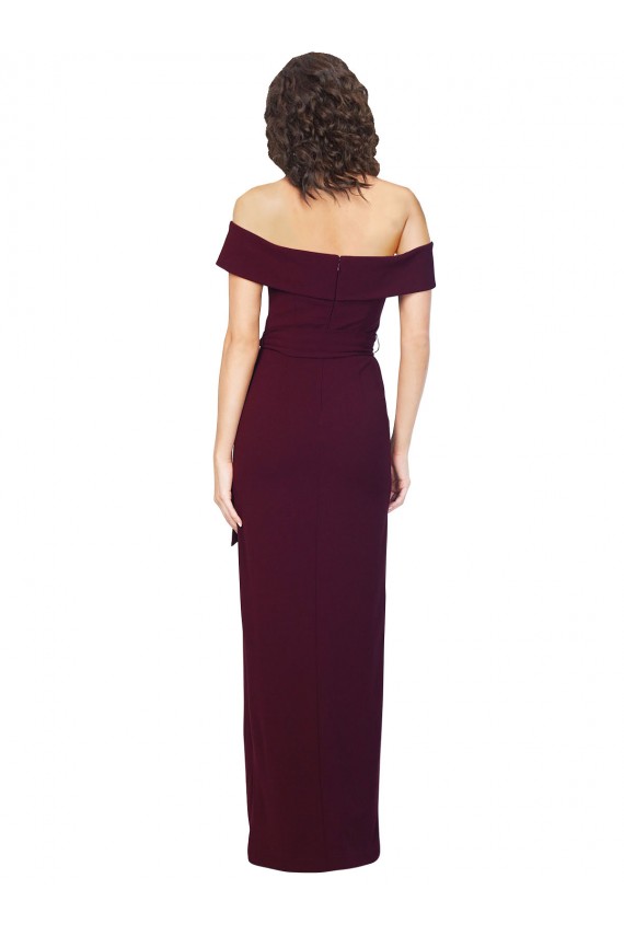 Fitted Full Length Off the Shoulder Formal Crepe Bridesmaid Dress / Prom Dress with Side Split and Waist Tie Australia