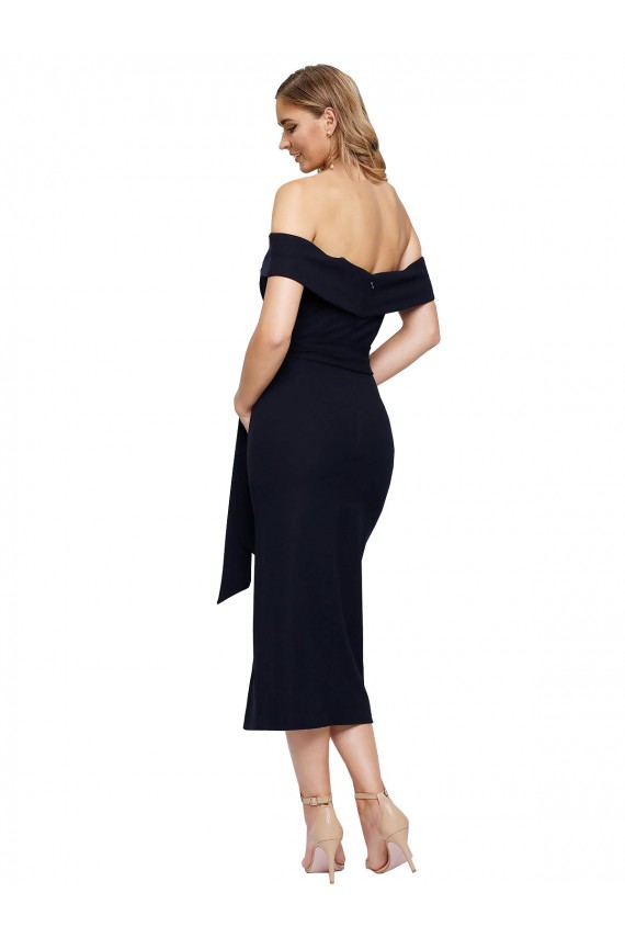Fitted Short Cocktail Midi Length Off the Shoulder Formal Crepe Bridesmaid Dress / Prom Dress with Side Split and Waist Tie Australia