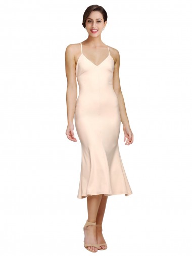 Midi Cocktail Length V-Neckline Crepe Bridesmaid Dress / Prom Dress with Thin Straps and Fulted Skirt Australia