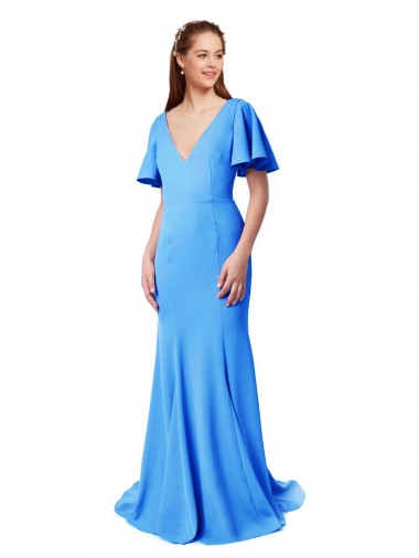 Short Sleeves Long V-Neck Crepe Bridesmaid Dress / Prom Dress with V-Back Australia