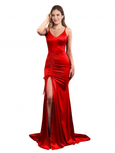 Long Pleated Formal Stretch Satin Bridesmaid Dress / Prom Dress with High Slit Australia