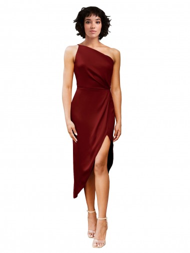 One Shoulder Cocktail Midi Length Short Formal Stretch Satin Wrap Style Bridesmaid Dress / Prom Dress Australia