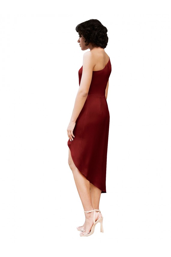 One Shoulder Cocktail Midi Length Short Formal Stretch Satin Wrap Style Bridesmaid Dress / Prom Dress Australia