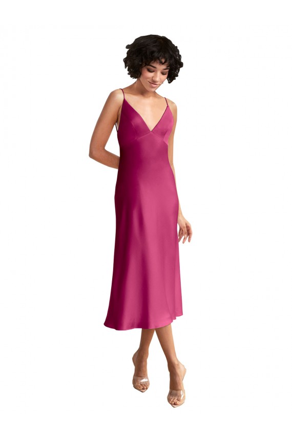 Midi Length V-Neck Short Formal Stretch Satin Bridesmaid Dress / Cocktail Prom Dress with Low Scoop Back Australia