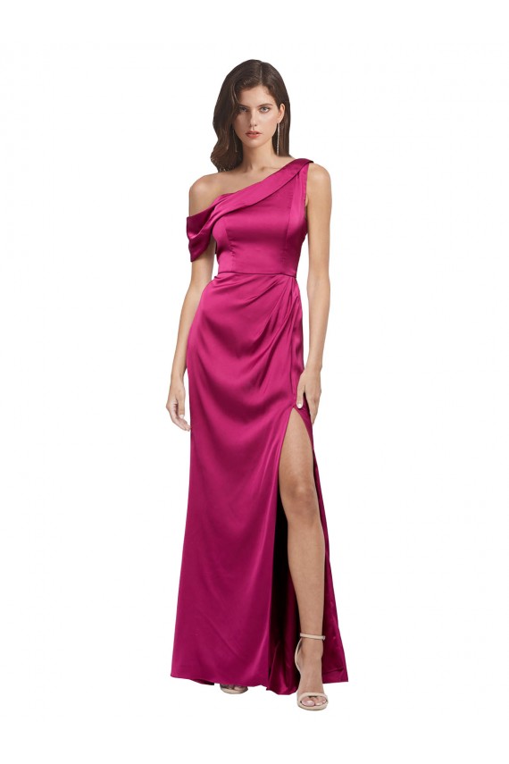 Off the Shoulder Short Sleeves Formal Stretch Satin Bridesmaid Dress / Prom Dress with Side Slit Australia