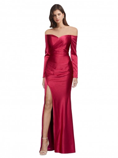 Long Sleeves Off the Shoulder Formal Stretch Satin Bridesmaid Dress / Prom Dress with High Side Split Australia