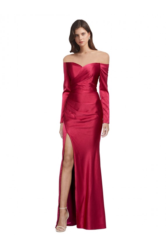 Long Sleeves Off the Shoulder Formal Stretch Satin Bridesmaid Dress / Prom Dress with High Side Split Australia