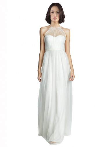 High Neckline Long Tulle Bridesmaid Dress with Illusion Front Australia