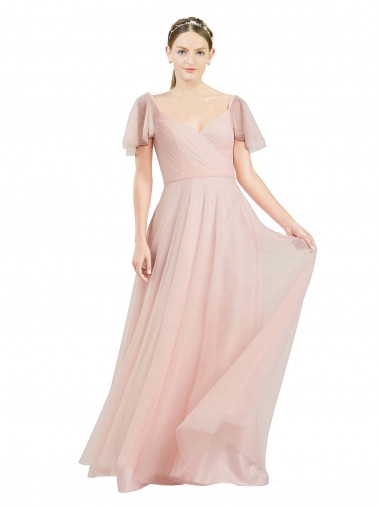 Long V-Neck Flutter Sleeves Tulle Bridesmaid Dress Australia