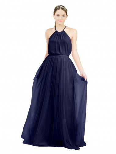 Long A-Line High Neck Halter Tulle Bridesmaid Dress Australia