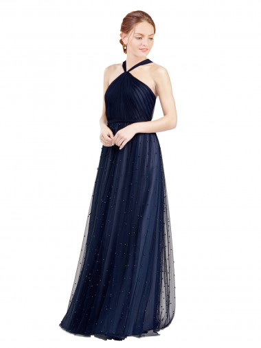 Floor Length Long Halter Pleated Tulle Bridesmaid Dress Australia