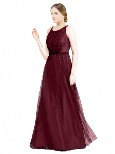 Sleeveless Boat Neck Long Pearl Tulle Bridesmaid Dress with Keyhole Back Australia