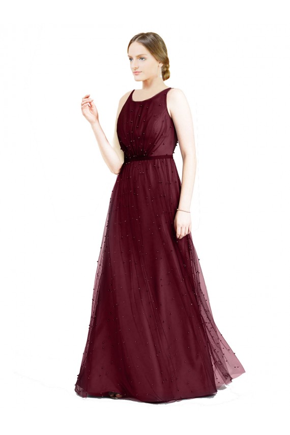 Sleeveless Boat Neck Long Pearl Tulle Bridesmaid Dress with Keyhole Back Australia
