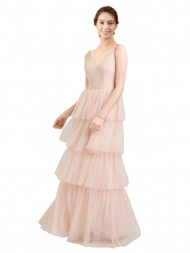 V-Neck A-Line Layered Long Tulle Bridesmaid Dress Australia
