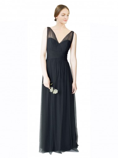 Long Tulle Bridesmaid Dress with Illusion Shoulder Straps and V-Back Australia