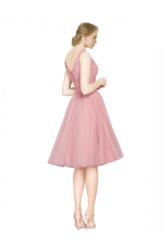 Short Knee Length Wide Strap Plunge Cross Over Neckline Tulle Cocktail Bridesmaid Dress Australia