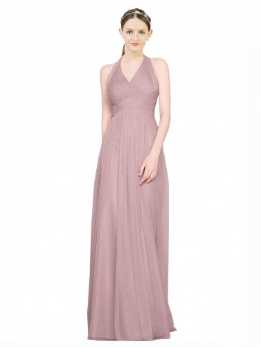 Ruffled Halter V-Neck Long Tulle Bridesmaid Dress with Pleats Australia