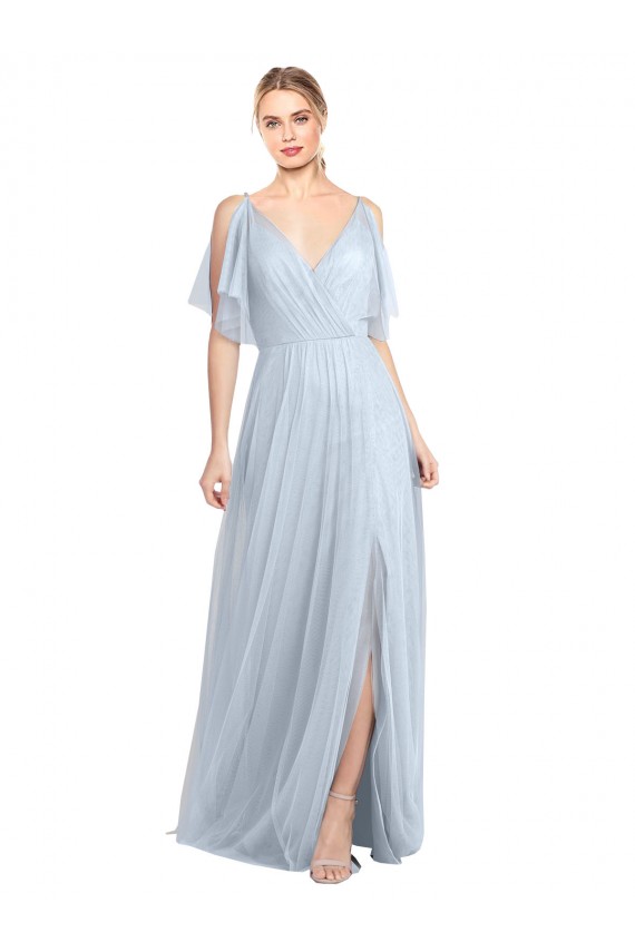 Floor Length Flutter Sleeves Long Tulle Bridesmaid Dress with Side Slit Australia