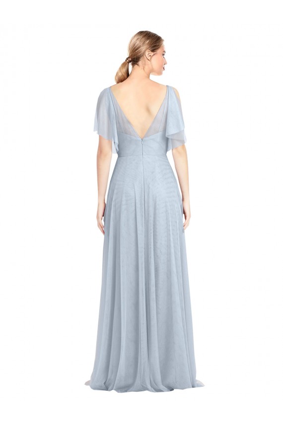 Floor Length Flutter Sleeves Long Tulle Bridesmaid Dress with Side Slit Australia
