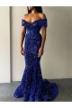 Mermaid Off the Shoulder Sleeveless Long Sweep Train Velvet Sequin Prom Dress Australia