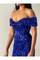 Mermaid Off the Shoulder Sleeveless Long Sweep Train Velvet Sequin Prom Dress Australia