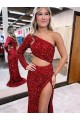 Mermaid One Shoulder Long Sleeves Long Sweep Train Velvet Sequin Prom Dress with High Slit Australia